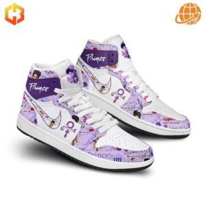 Front view of Prince Air Jordan 1 sneakers showing detailed purple and white design with Prince-themed artwork.