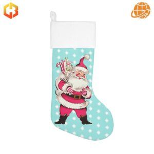 Santa Claus Christmas Stocking with aqua blue background, white snowflakes, and jolly Santa design.