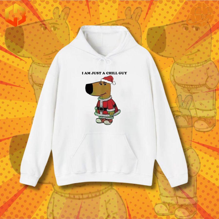 Close-up of a hoodie with a graphic of Santa Claus and the text "I Am Just A Chill Guy