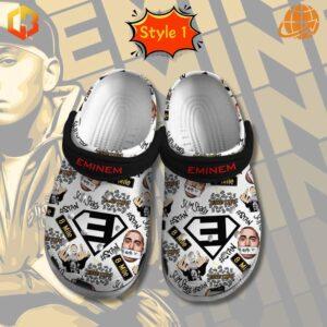 Slim Shady Eminem Crocs Shoes Style 1 with white base, black strap, and Eminem-themed graphics.