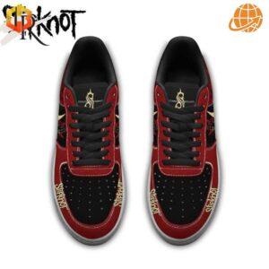 Slipknot Band Nike Air Force 1 sneakers showing red and black design with gold logos and black laces.