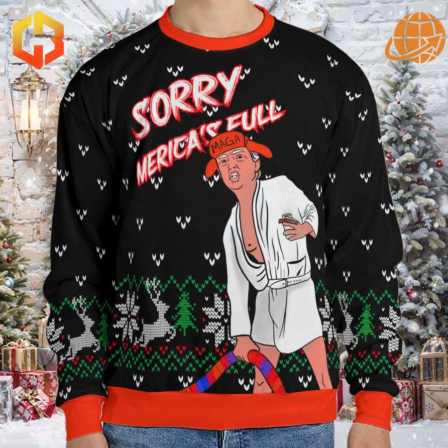 Funny holiday-themed "Sorry Merica's Full Donald Trump Sweater with vibrant print and cozy fabric.