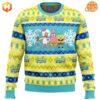 Yellow Spongebob Squarepants Christmas sweater with festive decorations.