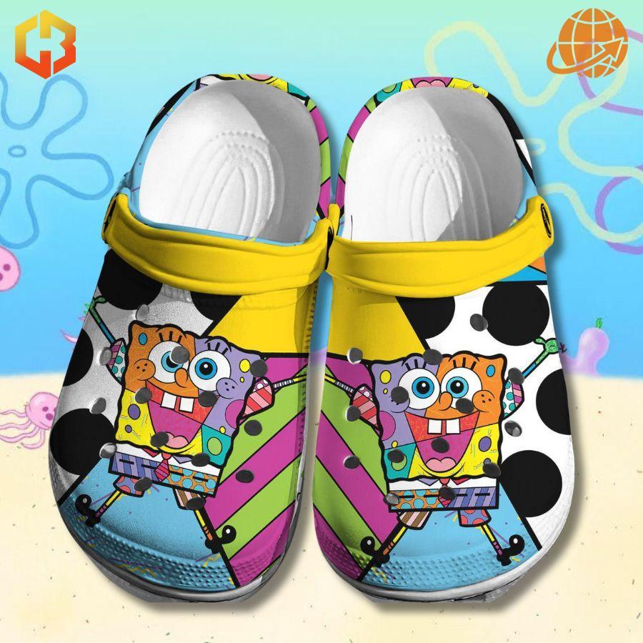 Spongebob Squarepants Crocs Shoes with colorful design, featuring Spongebob character and yellow heel strap.