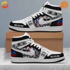 Side view of Star Wars Order 66 Air Jordan Shoes featuring Darth Vader and Order 66 emblem with black and white design and red and blue accents.