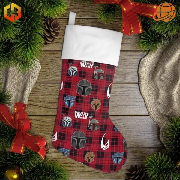 Star Wars The Mandalorian Christmas Stocking with red plaid pattern and Mandalorian helmet designs