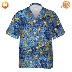 This full view of the Starry Night Tardis Doctor Who Hawaiian Shirt displays the entire pattern, highlighting the intricate design that covers the entire garment.