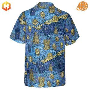 Back view of a blue Hawaiian shirt with Doctor Who-themed golden icons in a Van Gogh-inspired swirling pattern.