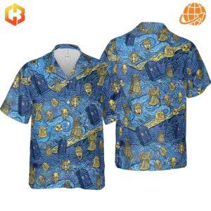 Double the impact with this two-sided view of our Starry Night Tardis Doctor Who Hawaiian Shirt.