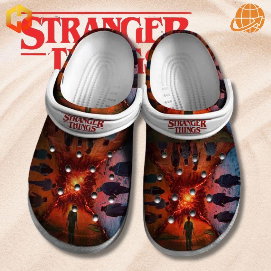 Close-up of Stranger Things Crocs featuring portal design, with show logo above.