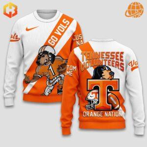 Orange Tennessee Volunteers sweatshirt with "Go Vols" text.