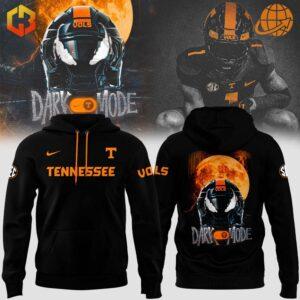 Tennessee Volunteers Venom Dark Mode Hoodie with front and back views, featuring orange branding and a dramatic helmet design against a dark background.