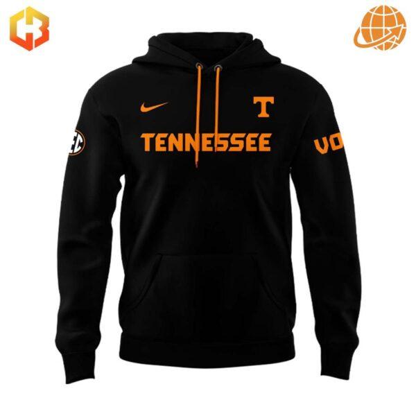 Front view of Tennessee Volunteers Dark Mode Hoodie showing orange "TENNESSEE" text and logos on black background.