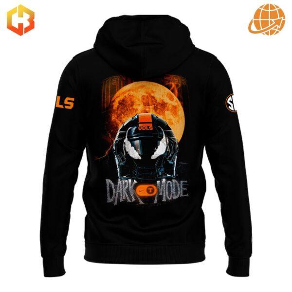 Back of Tennessee Volunteers Dark Mode Hoodie showing football helmet emerging from orange moon with "DARK MODE" text.