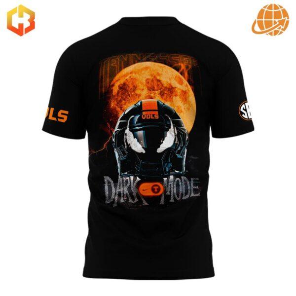 Back view of the Tennessee Volunteers Venom Dark Mode Shirt, featuring a glowing full moon, a detailed football helmet graphic, and bold "Dark Mode" text.