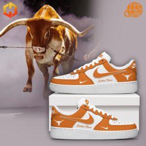 Texas Longhorns Nike Air Force Shoes displayed next to image of longhorn steer, featuring burnt orange and white colors with Longhorns logo.