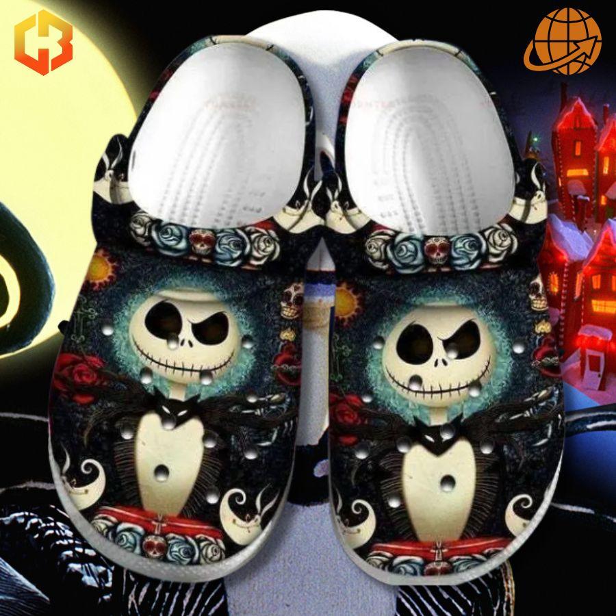 Top view of The Nightmare Before Christmas Jack Skellington Crocs Shoes, featuring breathable holes and a secure strap with Jack Skellington’s detailed design.