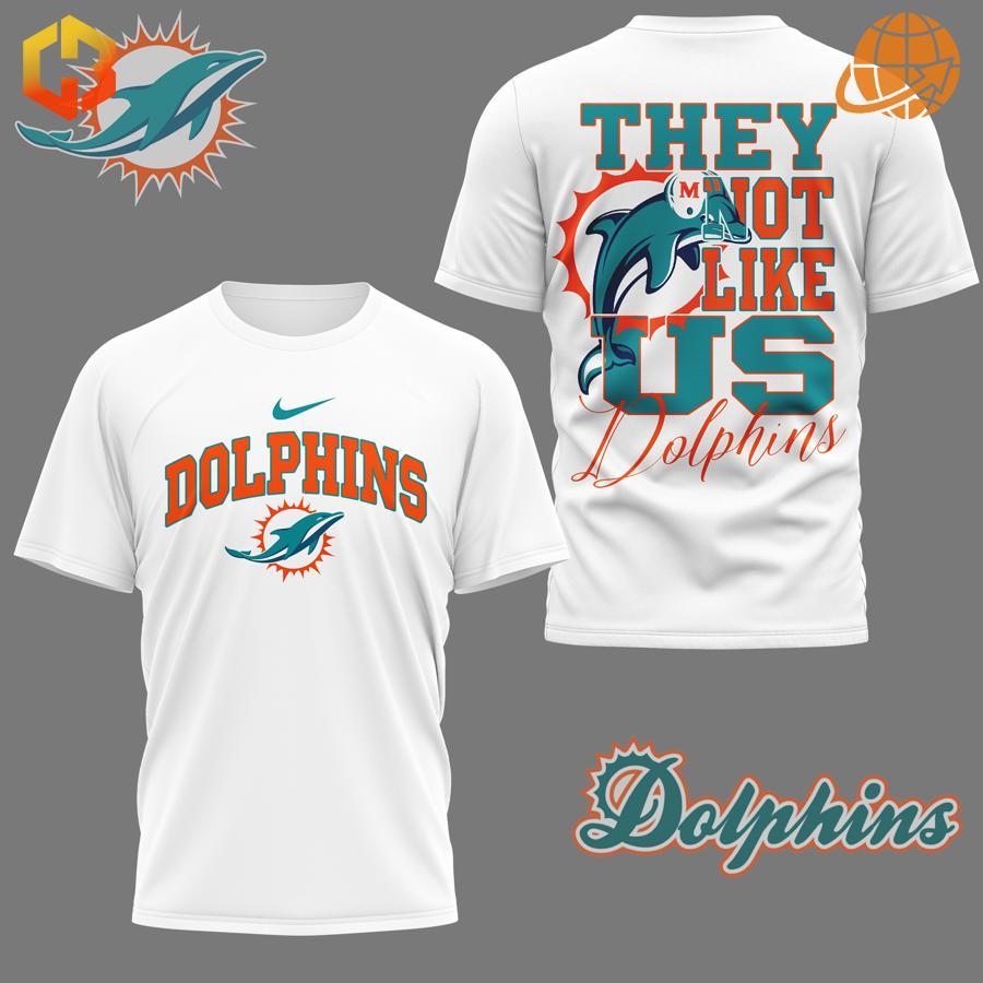 White They Not Like Us Miami Dolphins Shirt with classic front logo and bold back design