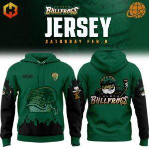 Toledo Bullfrogs Jersey Hoodie with green body, black sleeves, and team logo designs on front and back.