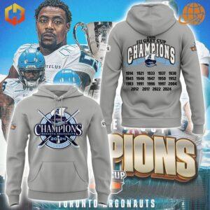 Toronto Argonauts Grey Cup Champions merchandise display with hoodie, t-shirt, and player imagery.