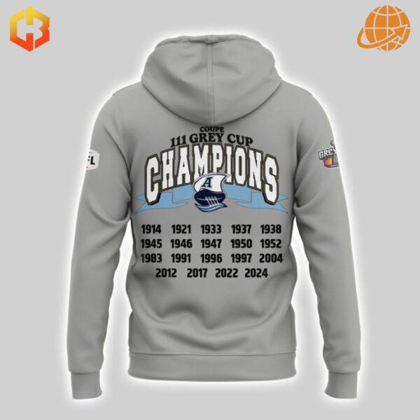 Back of grey hoodie showing Toronto Argonauts' Grey Cup championship years from 1914 to 2024.