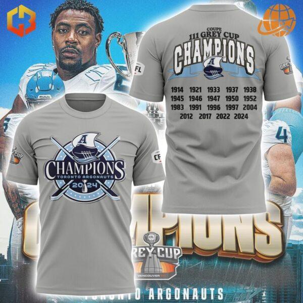 Set of Toronto Argonauts Grey Cup Champions hoodie and t-shirt with designs and player background.