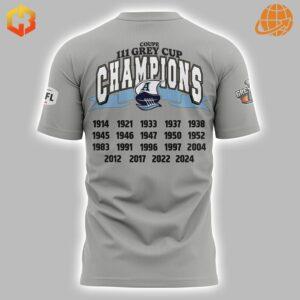 Back of grey t-shirt listing Toronto Argonauts' Grey Cup championship years from 1914 to 2024.