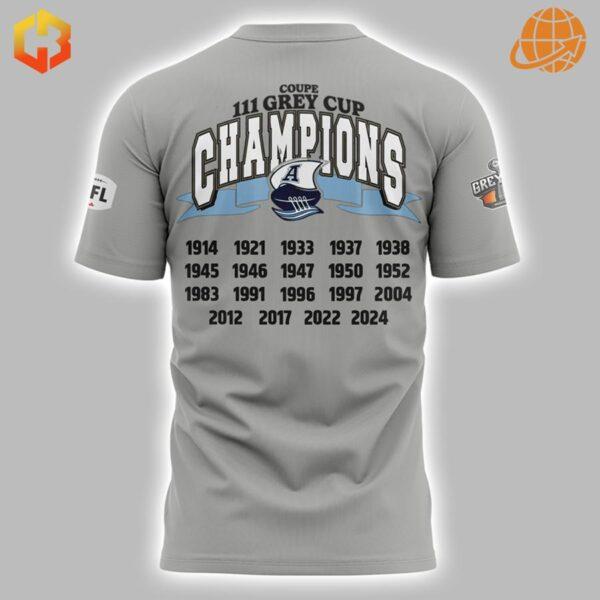 Back of grey t-shirt listing Toronto Argonauts' Grey Cup championship years from 1914 to 2024.