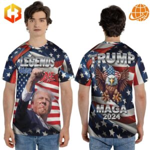 Trump Fight MAGA 2024 Legends Never Die Shirt with American flag design and Trump image