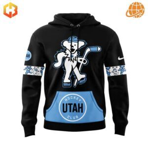 Front view of Utah Hockey Club Grateful Dead Night hoodie with large bear mascot graphic and team logo.