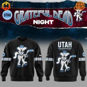 Close-up of the sleeve detail on the Utah Hockey Club Grateful Dead Night Sweatshirt with a repeating Grateful Dead bear pattern.