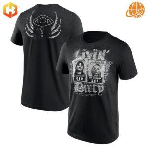 WWE Dom & Liv Livin' Dirty Shirt in black, showing front design with wrestler mugshots and back design with winged eye symbol.