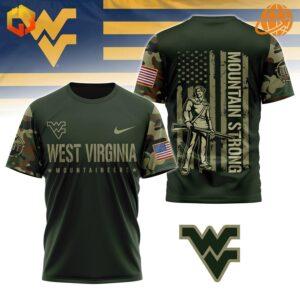 shirt with West Virginia Mountaineers logo and patriotic design honoring veterans.