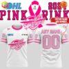 Windsor Spitfires Pink in the Rink 2024 shirt design with white base, pink accents, and customizable name/number option.