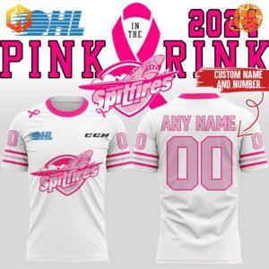 Windsor Spitfires Pink in the Rink 2024 shirt design with white base, pink accents, and customizable name/number option.