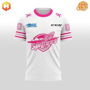 Front view of Windsor Spitfires Pink in the Rink 2024 shirt with white base, pink accents, and team logo.