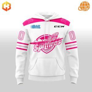 Front view of Windsor Spitfires Pink in the Rink 2024 hoodie with white base and pink design elements.