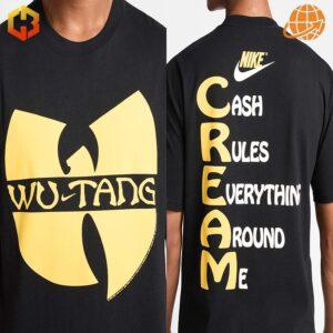 Front and back view of Wu-Tang Clan x Cream Shirt showcasing the Wu-Tang Clan logo and "C.R.E.A.M." slogan.