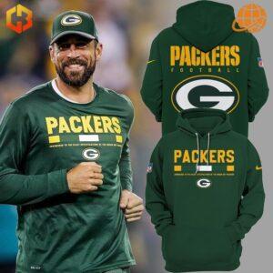 Front and back views of the Green Bay Packers Hoodie with bold Packers lettering and logo, modeled for style and comfort.