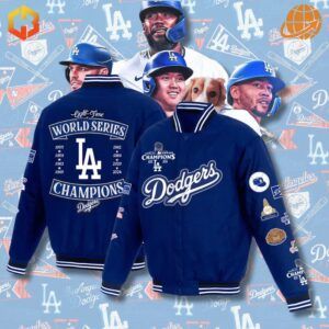 Blue and white Dodgers jacket with 2024 World Series Champions logo