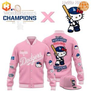 A Los Angeles Dodgers Hello Kitty baseball jacket celebrating their 2024 World Series victory.