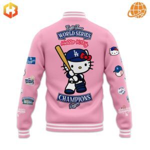 Pink white baseball jacket with Hello Kitty wearing a Dodgers cap and the words "2024 World Series Champions."