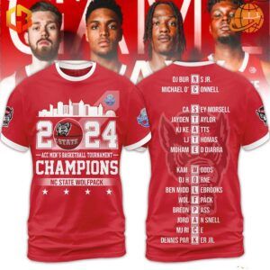 NC State Wolfpack 2024 ACC Basketball Tournament Champions commemorative red shirt with team roster and cityscape design.