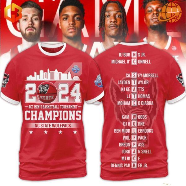 NC State Wolfpack 2024 ACC Basketball Tournament Champions commemorative red shirt with team roster and cityscape design.