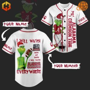 Alabama Crimson Tide Grinch Baseball Jersey front and back view with customizable name and number.