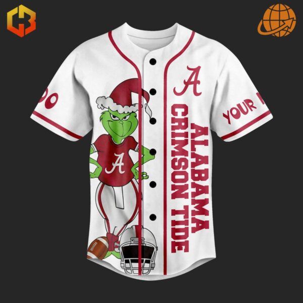 Front view of Alabama Crimson Tide Grinch Baseball Jersey with Grinch in Alabama gear and customizable number.