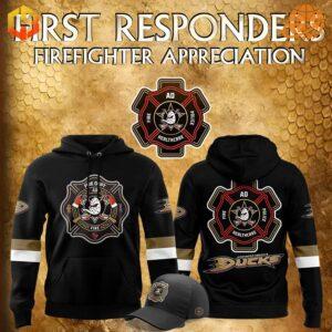 Anaheim Ducks Football 2024 Firefighter Appreciation Night Hoodie and cap featuring firefighter emblems and team logos on a golden textured background.