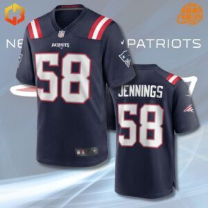 A New England Patriots football jersey featuring Anfernee Jennings' name and number, showcasing team colors and official NFL branding