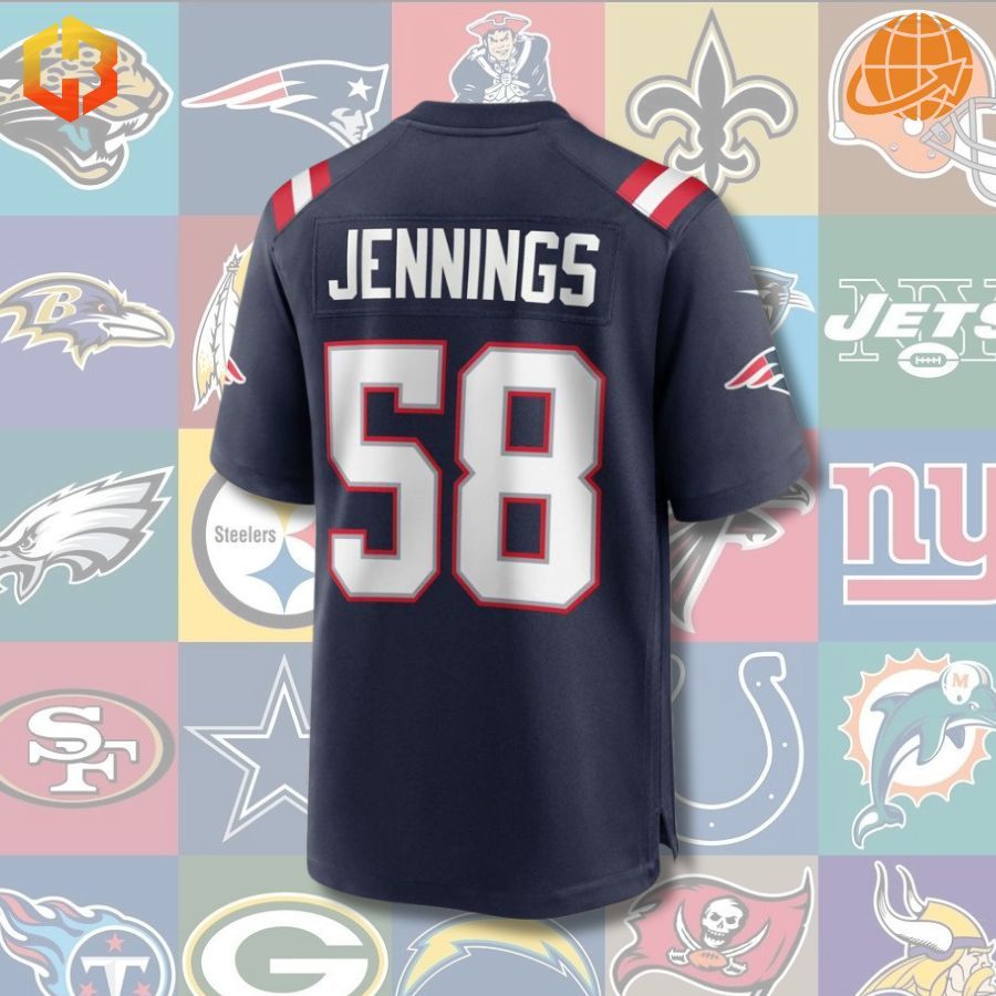 Official New England Patriots football jersey with Anfernee Jennings’ details, perfect for game day.
