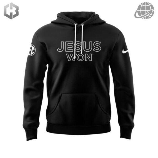 An Arkansas Razorbacks hoodie with the phrase "Jesus Won."